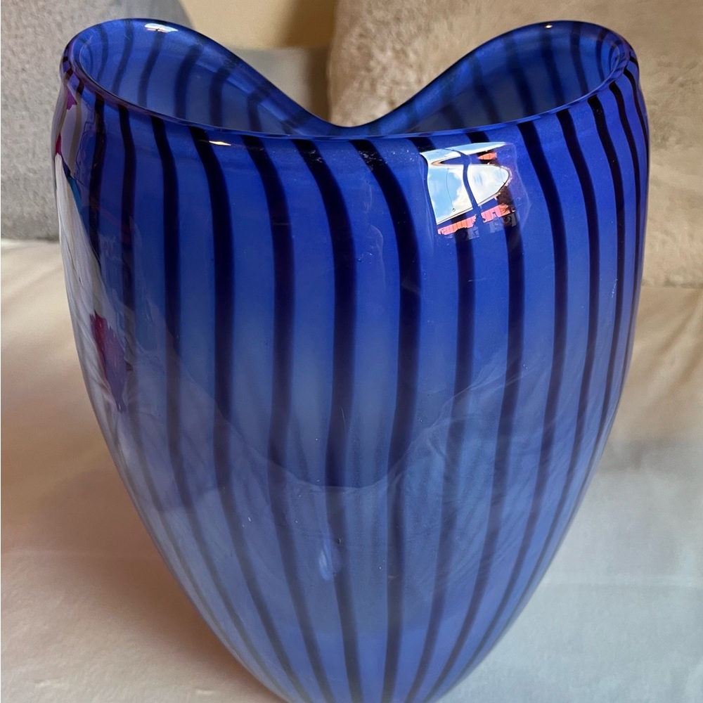 Rare Z Gallerie Art Glass Vase Urchin Blue and Black Stripes 7.5 LBS